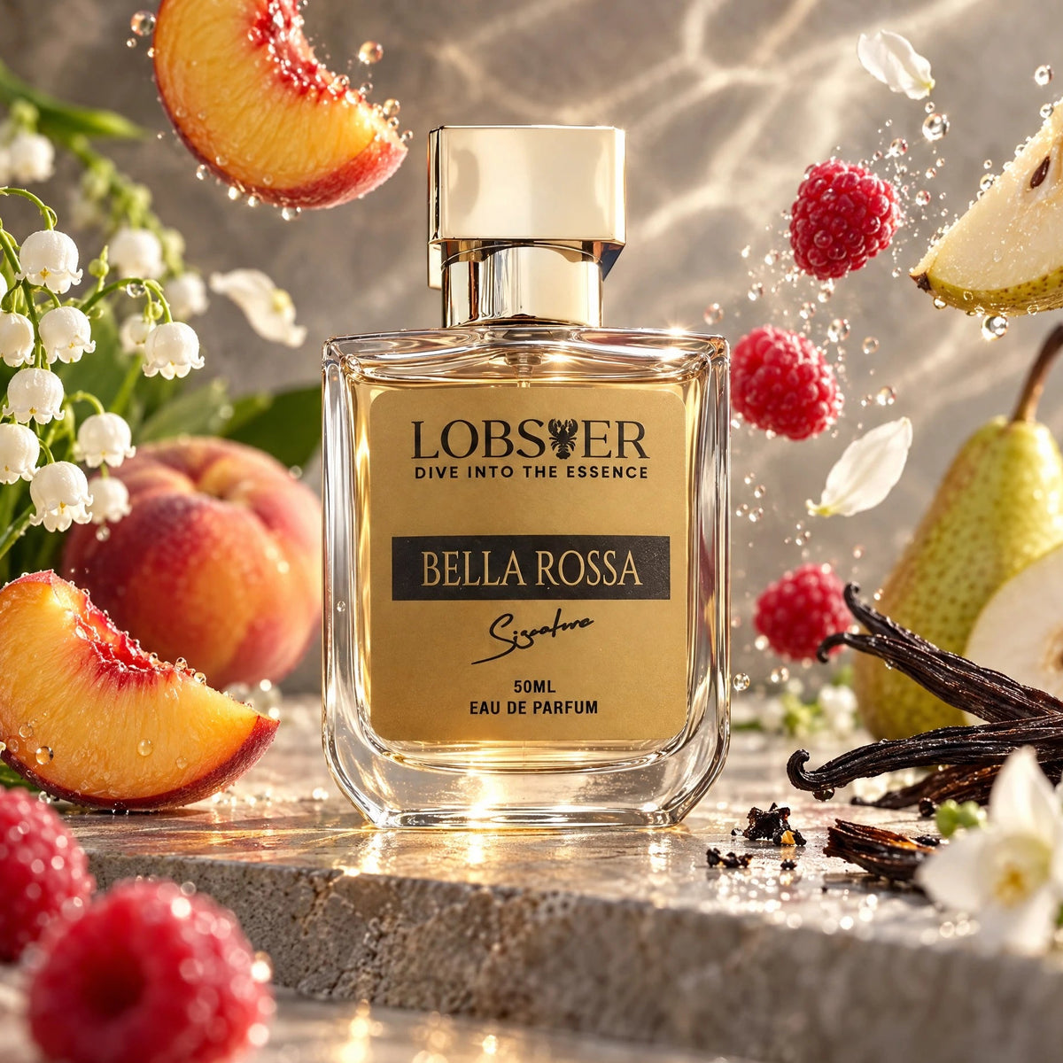 A bottle of Lobsöwer Bella Rossa Signature Eau de Parfum is centered on a reflective stone surface, surrounded by floating fruit slices, raspberries, pear pieces, vanilla beans, and white flowers in a bright, sunlit studio setup.