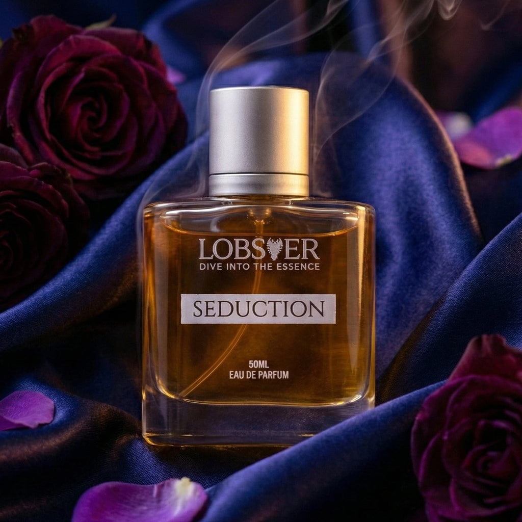 Lobover Seduction perfume bottle with roses and purple fabric
