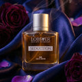 Lobover Seduction perfume bottle with roses and purple fabric