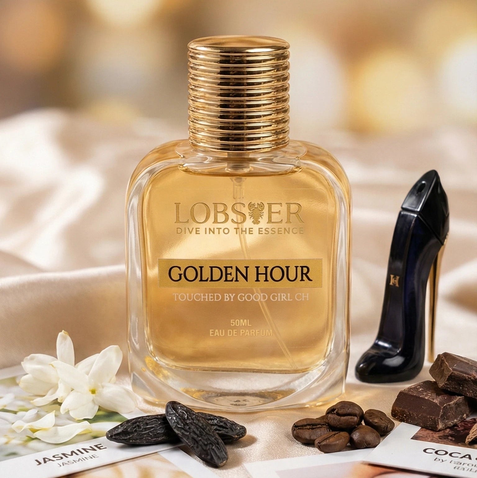 Lobster Golden Hour perfume bottle with coffee beans and flowers on a marble surface