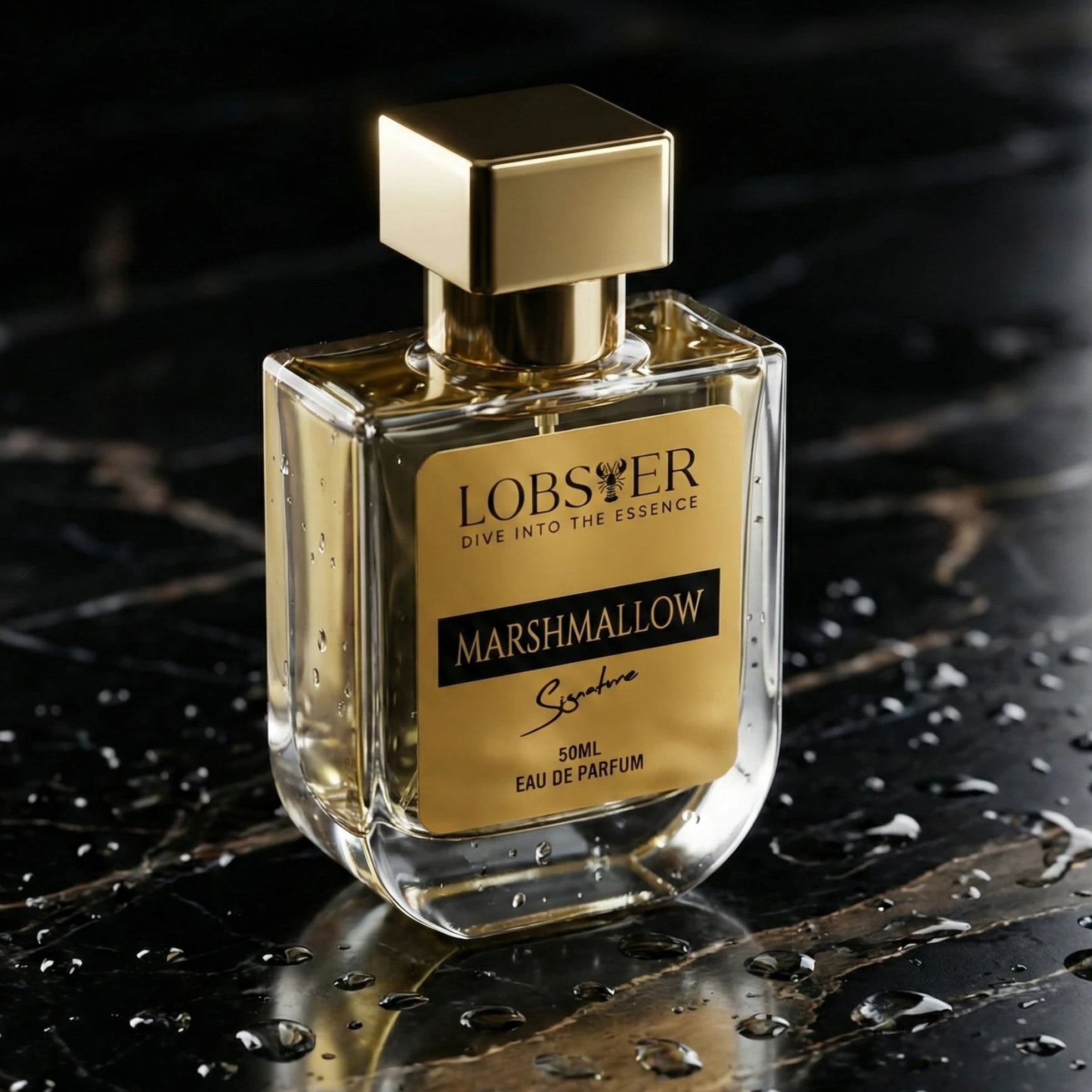 Perfume bottle labeled 'Lobster Marshmallow' on a dark surface with water droplets.