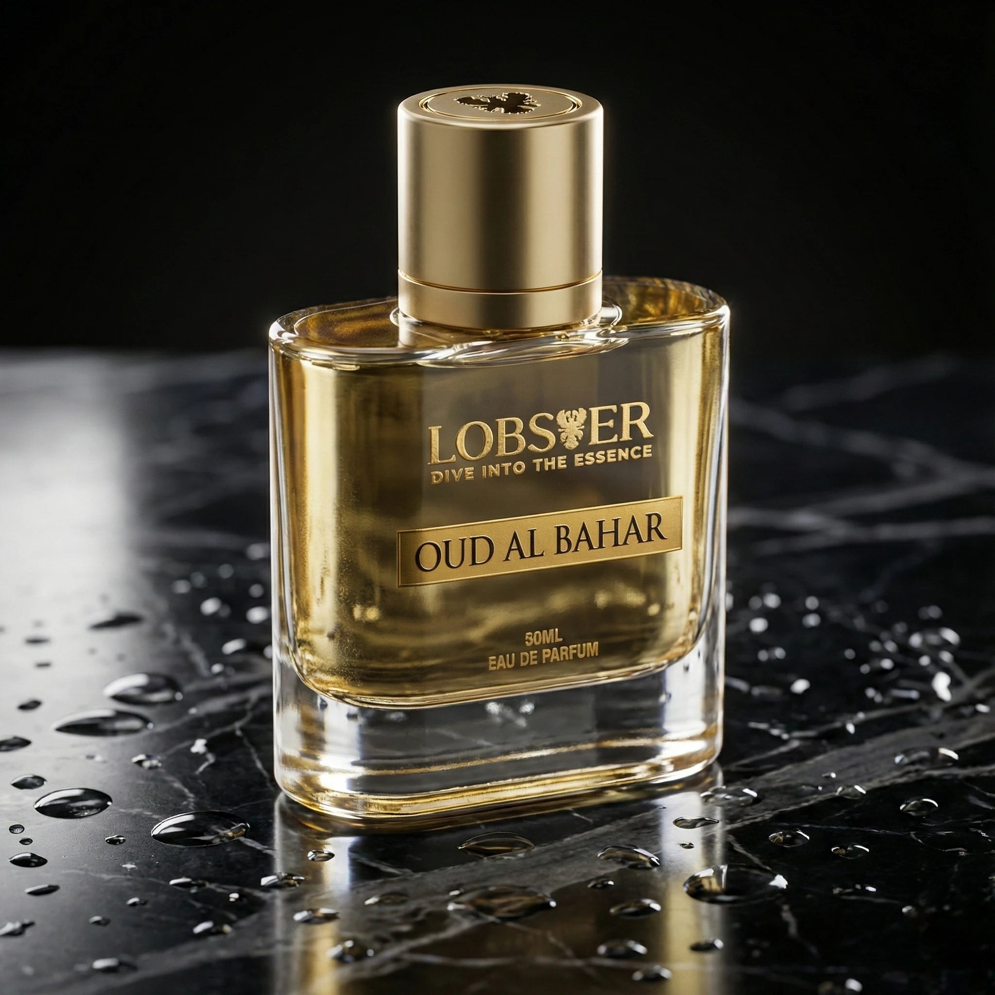 Perfume bottle labeled 'Oud Al Bahar' by Lobbeser on a reflective surface with water droplets.