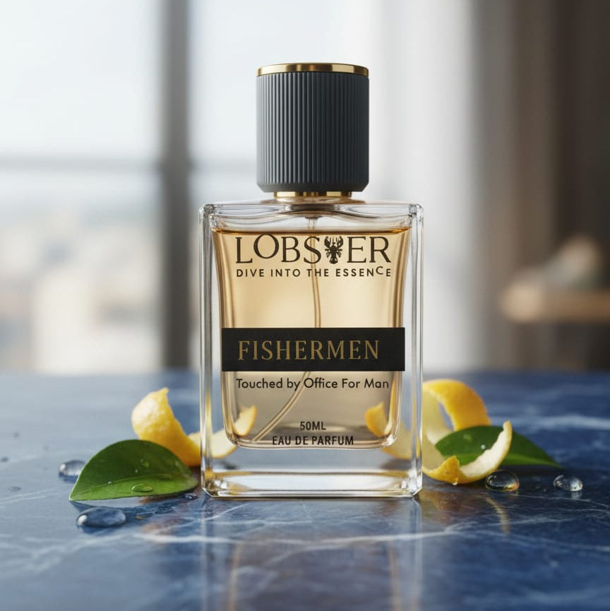 Lobster Fishermen perfume bottle on a reflective surface with lemons and leaves.