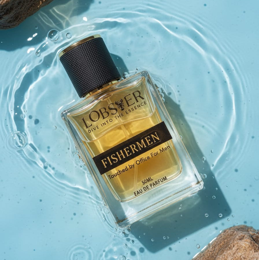 Lobisser Fishermen perfume bottle on a blue water surface with rocks.