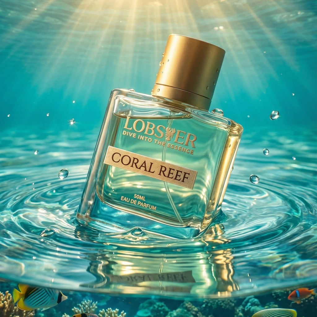 Perfume bottle labeled 'Coral Reef' in an underwater scene with fish and coral.