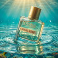 Perfume bottle labeled 'Coral Reef' in an underwater scene with fish and coral.