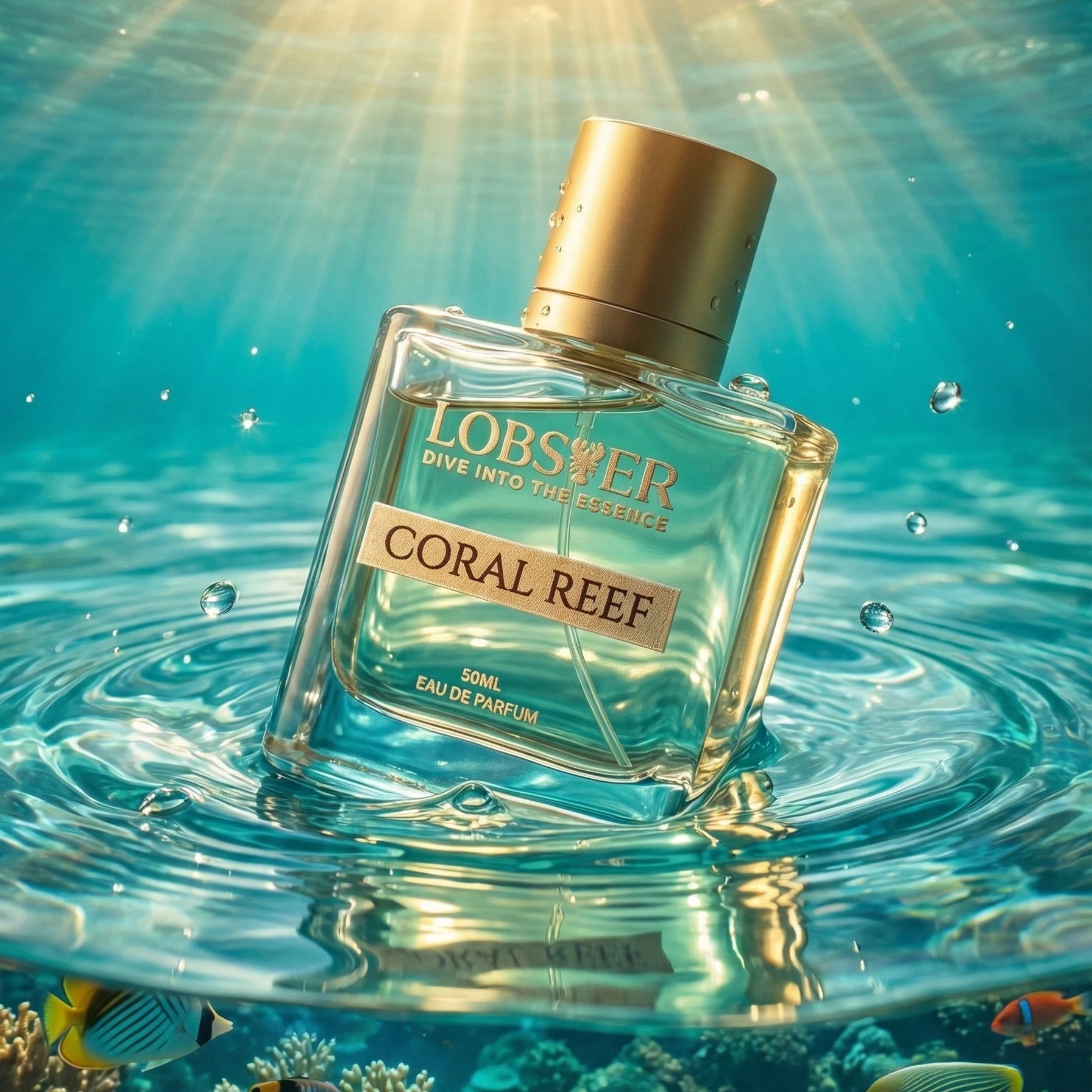 Perfume bottle labeled 'Coral Reef' in an underwater scene with fish and coral.