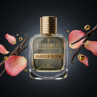 Lobster Harbour Bloom 50ml eau de parfum with rose petals and amber droplets