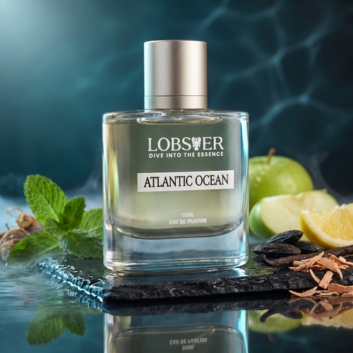 Lobster Atlantic Ocean bottle on wet slate with light caustics, mint, green apple and lemon
