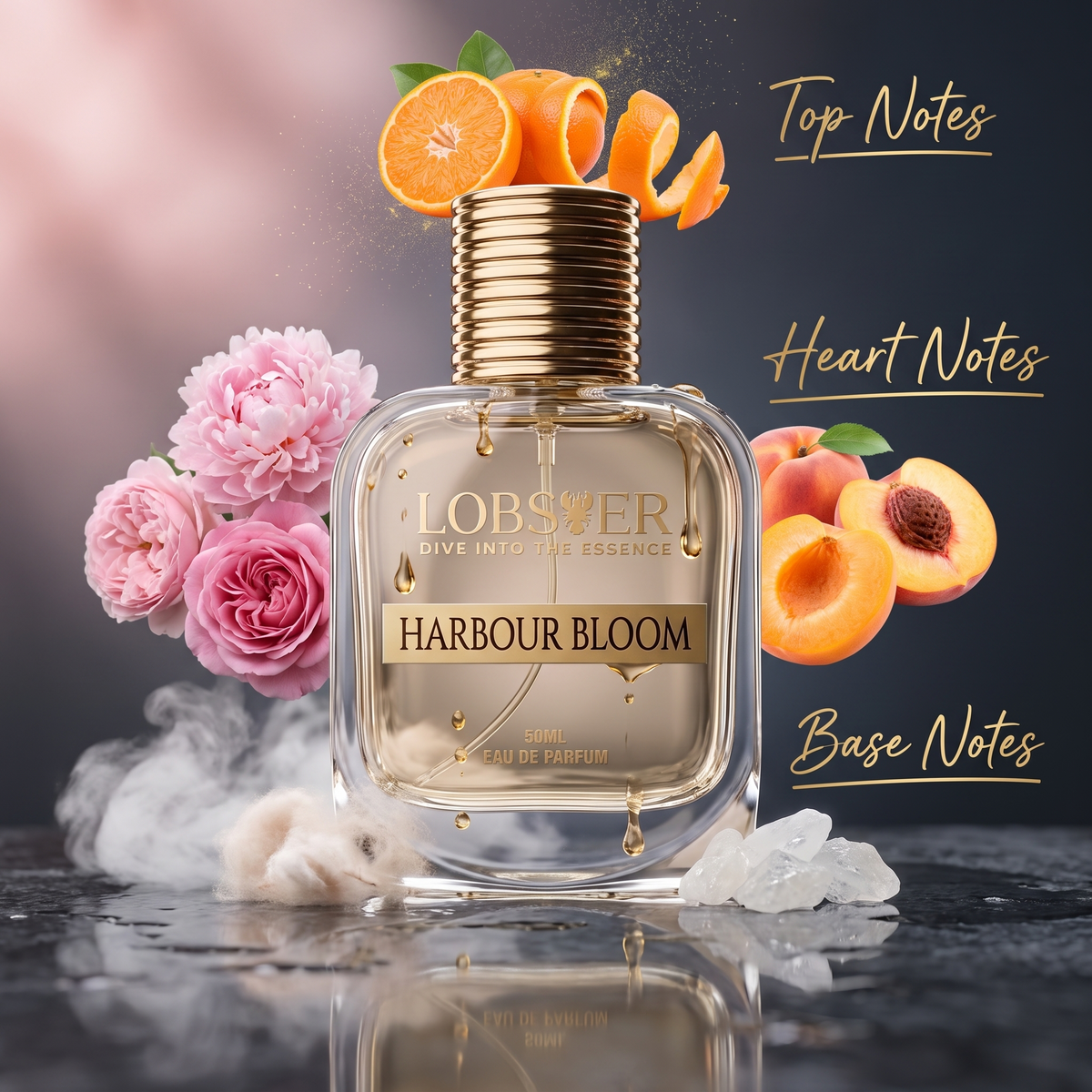 Harbour Bloom fragrance notes: top Sicilian mandarin; heart pink peony, damask rose, apricot and peach; base white musk