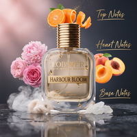 Harbour Bloom fragrance notes: top Sicilian mandarin; heart pink peony, damask rose, apricot and peach; base white musk