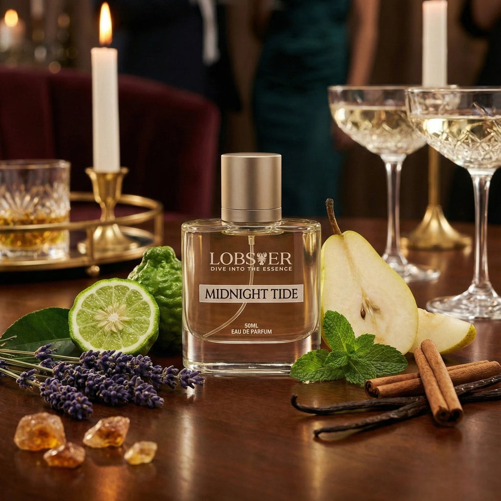 Lobster Midnight Tide perfume bottle on a table with fruits and candles in the background