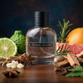 Lobster Ocean Legend perfume bottle with aromatic ingredients on a dark background