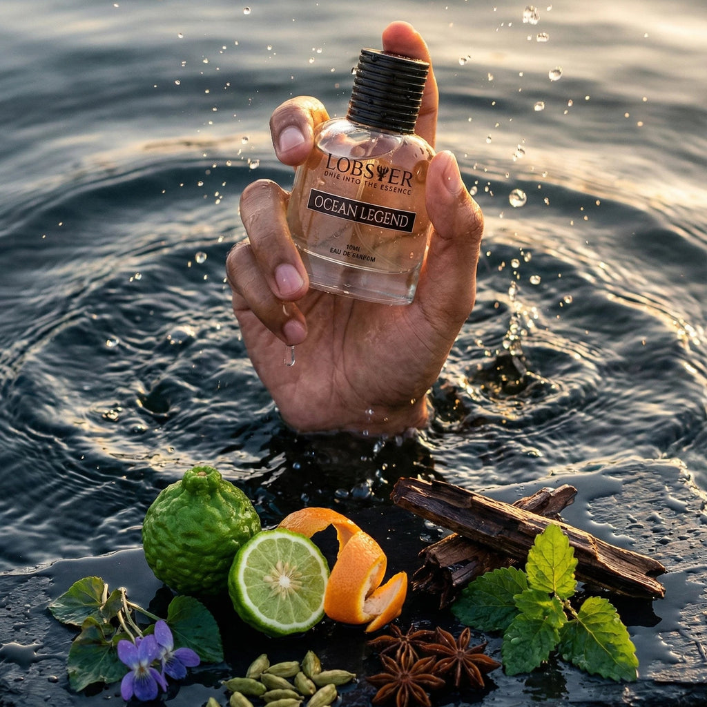 Hand holding a bottle of lobster seasoning over water with various herbs and spices on a stone.