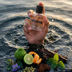 Hand holding a bottle of lobster seasoning over water with various herbs and spices on a stone.