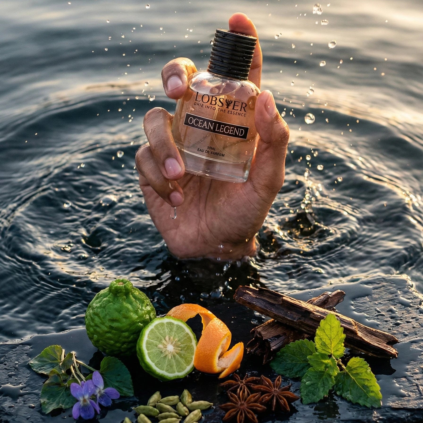 Hand holding a bottle of lobster seasoning over water with various herbs and spices on a stone.