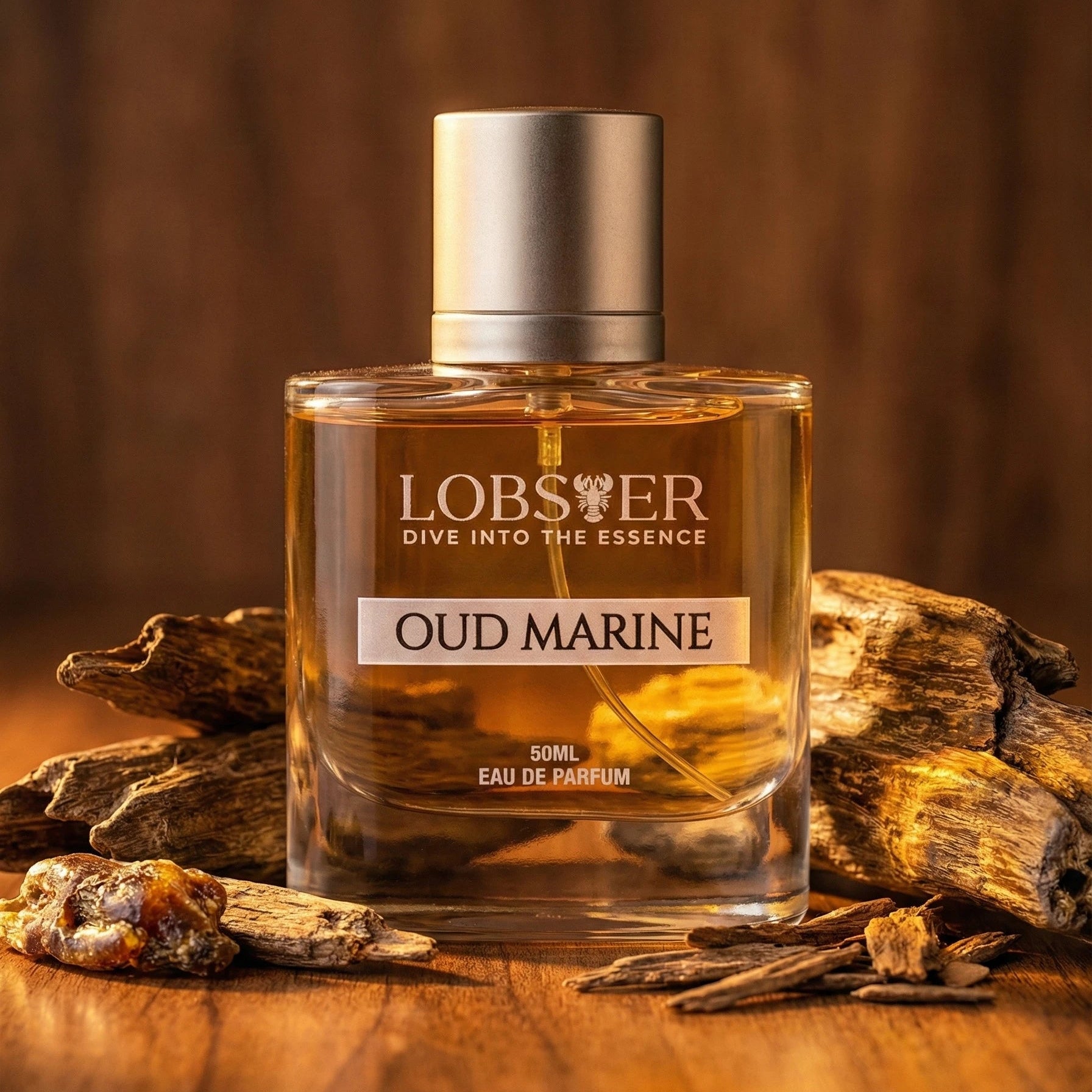Perfume bottle labeled 'Oud Marine' by Lobster on a wooden surface with natural elements.
