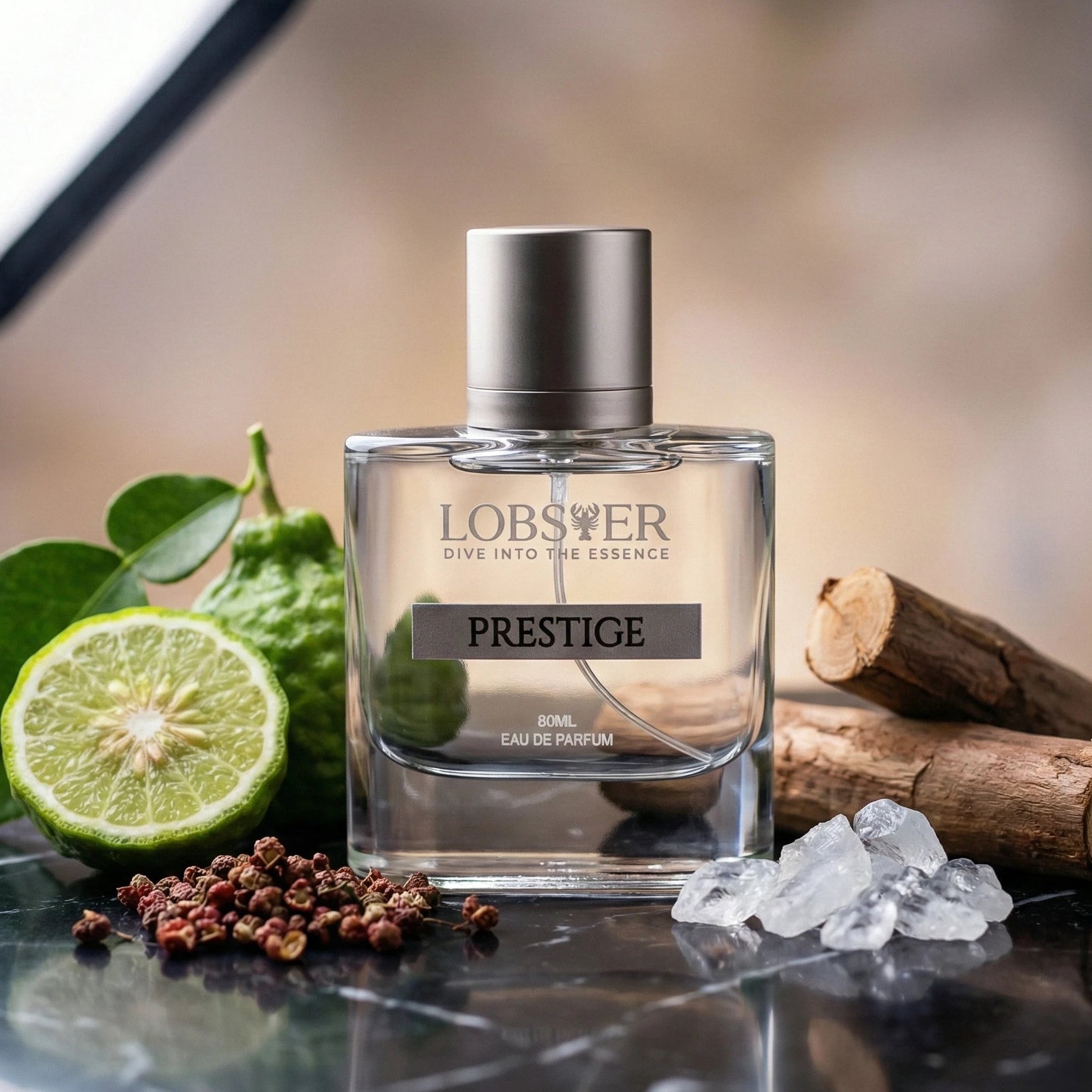 Perfume bottle labeled 'Lobster Prestige' with natural elements on a reflective surface