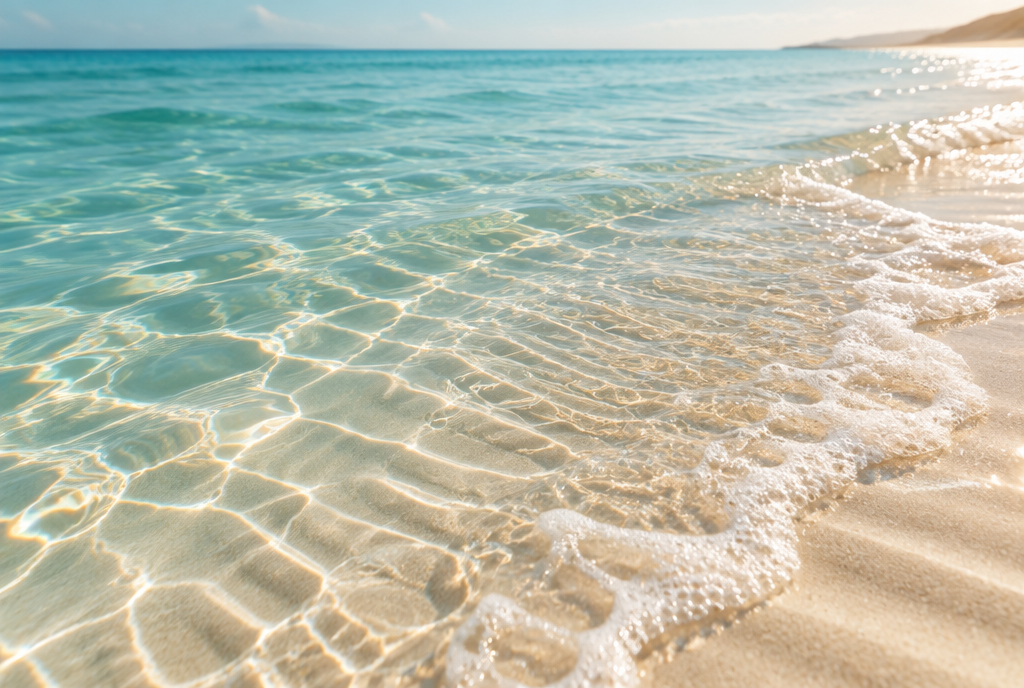 Clear shallow water sliding over pale rippled sand in sunlight