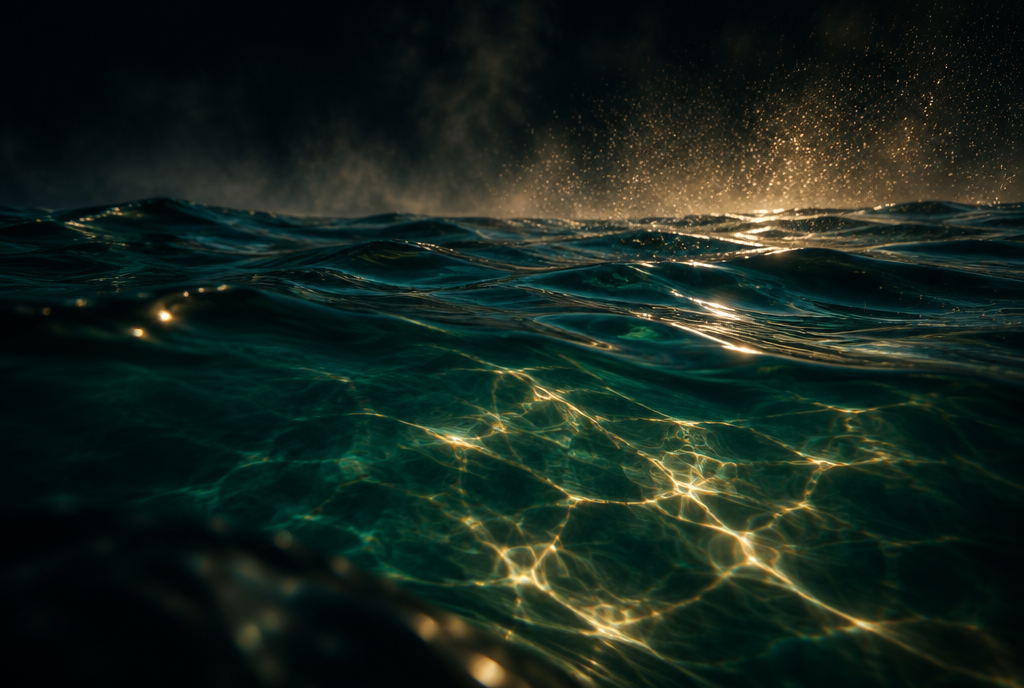 Deep teal seawater at night with gold light caustics beneath the surface