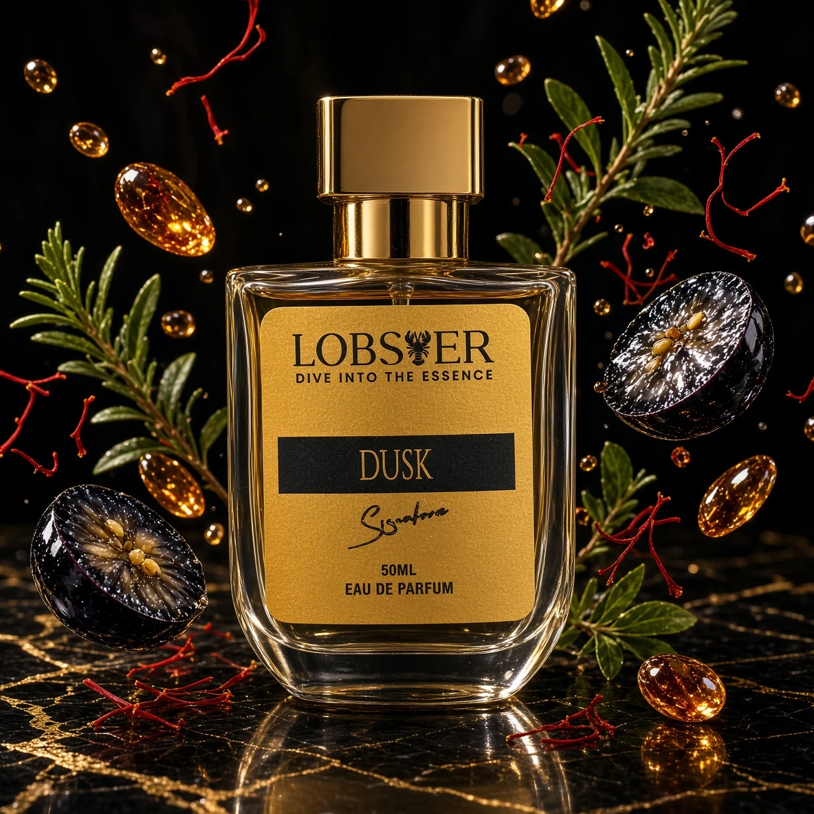 A perfume bottle labeled LOBSER DUSK Eau de Parfum, featuring a gold cap and a gold label with black text, set on a black marble surface with gold veins. The bottle is surrounded by decorative green pine branches, dark berries, and floating amber droplets against a dark background.