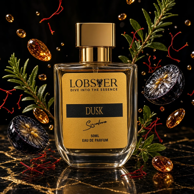 A perfume bottle labeled LOBSER DUSK Eau de Parfum, featuring a gold cap and a gold label with black text, set on a black marble surface with gold veins. The bottle is surrounded by decorative green pine branches, dark berries, and floating amber droplets against a dark background.