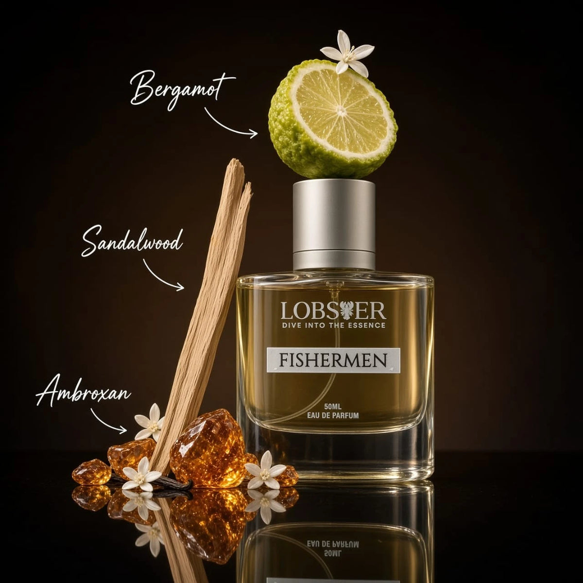 A bottle of Lobsier Fishermen Eau de Parfum with a silver cap, set against a dark background with decorative elements indicating its scent notes: a bergamot slice, sandalwood sticks, and amber crystals with white flowers.