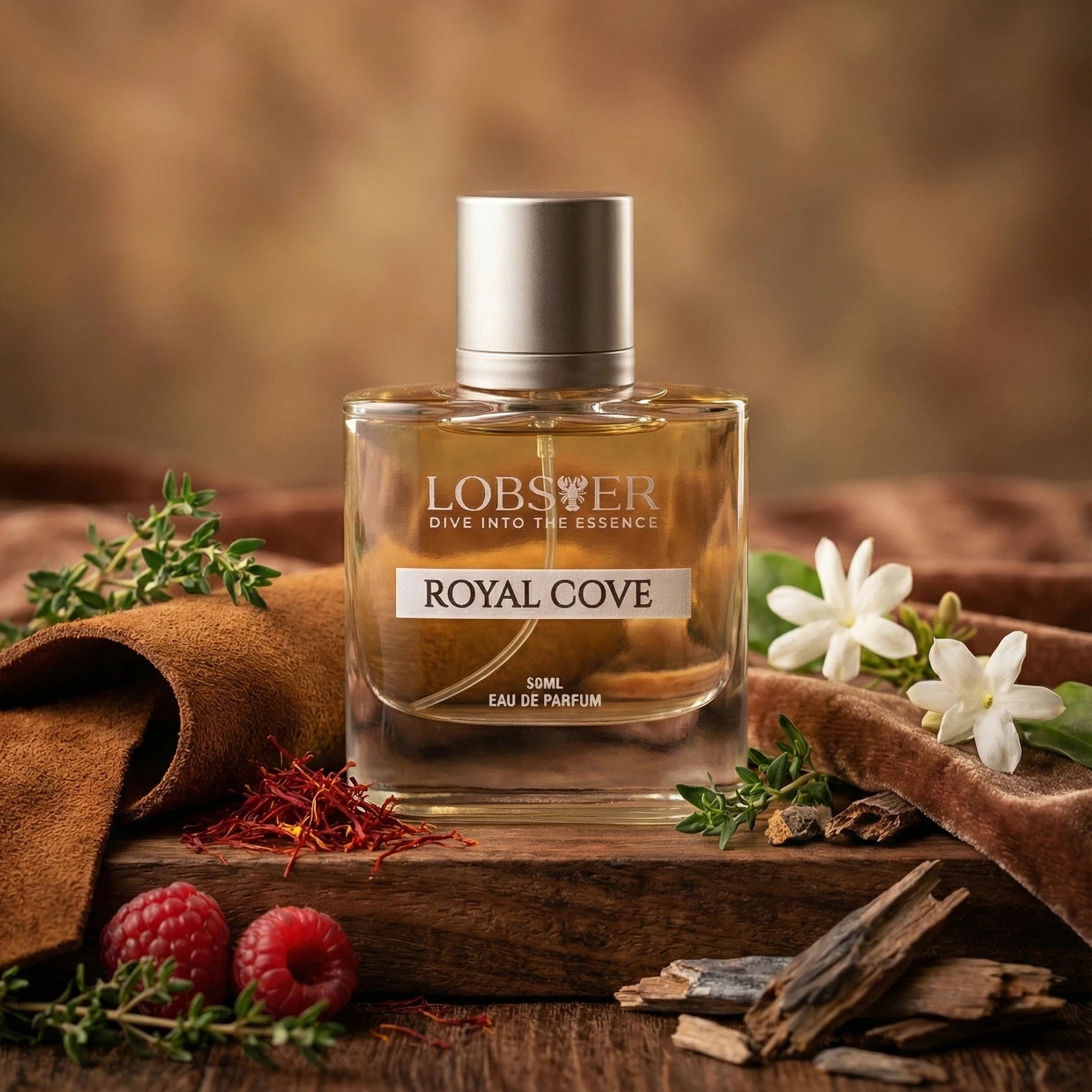 Perfume bottle labeled 'Royal Cove' by Lobster on a wooden surface with flowers and berries.