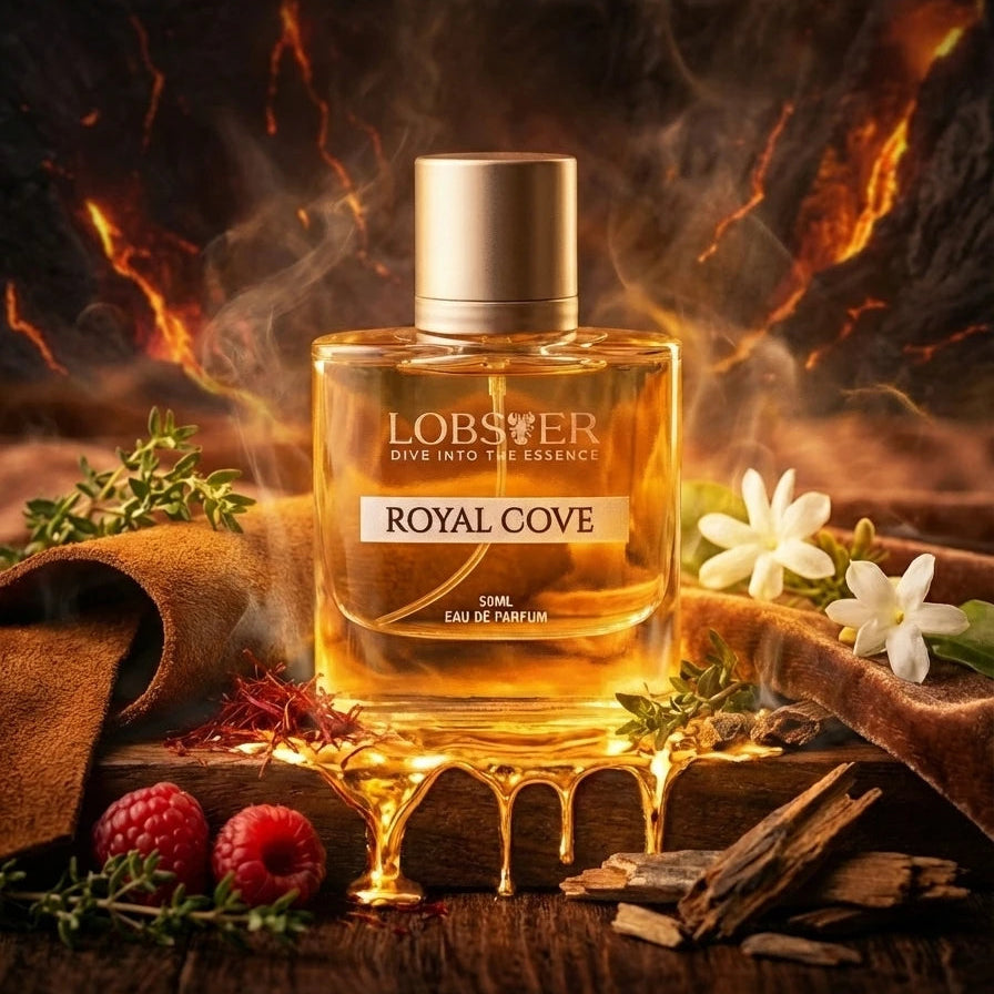 Lobster Royal Cove perfume bottle with a fiery background