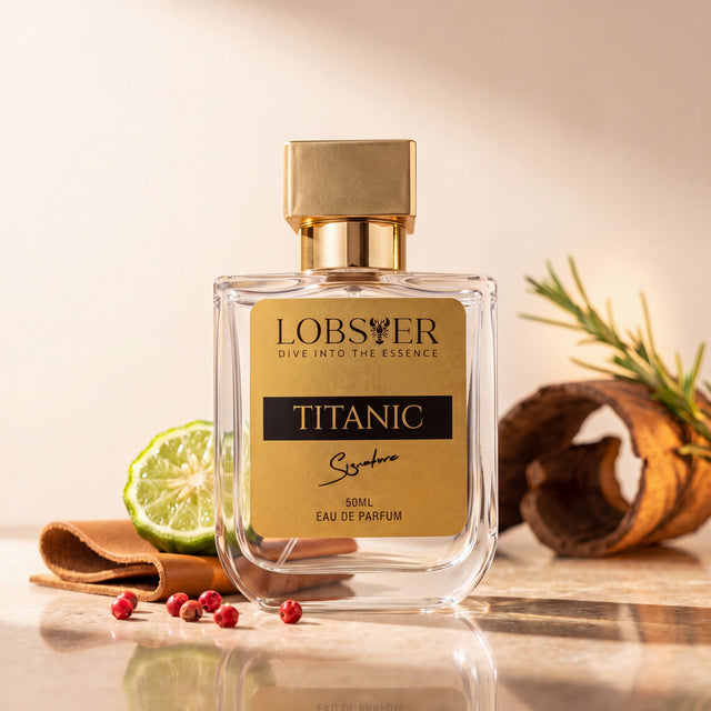 Titanic eau de parfum on a cream studio set with leather, bergamot and pink pepper