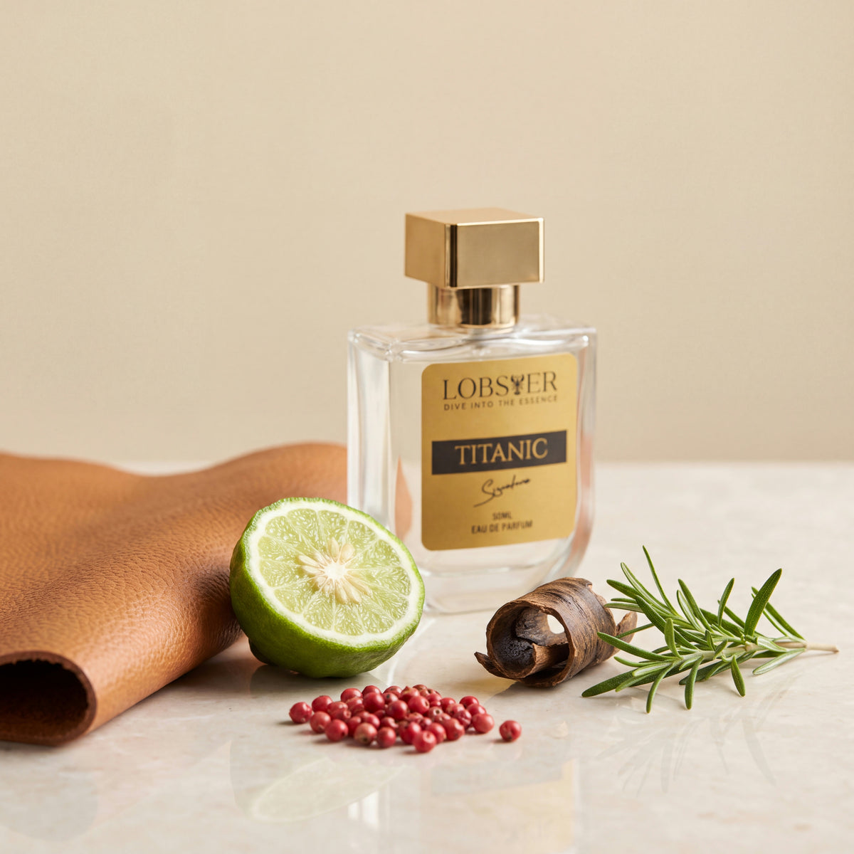 Titanic notes: leather, bergamot, pink pepper, oud and rosemary