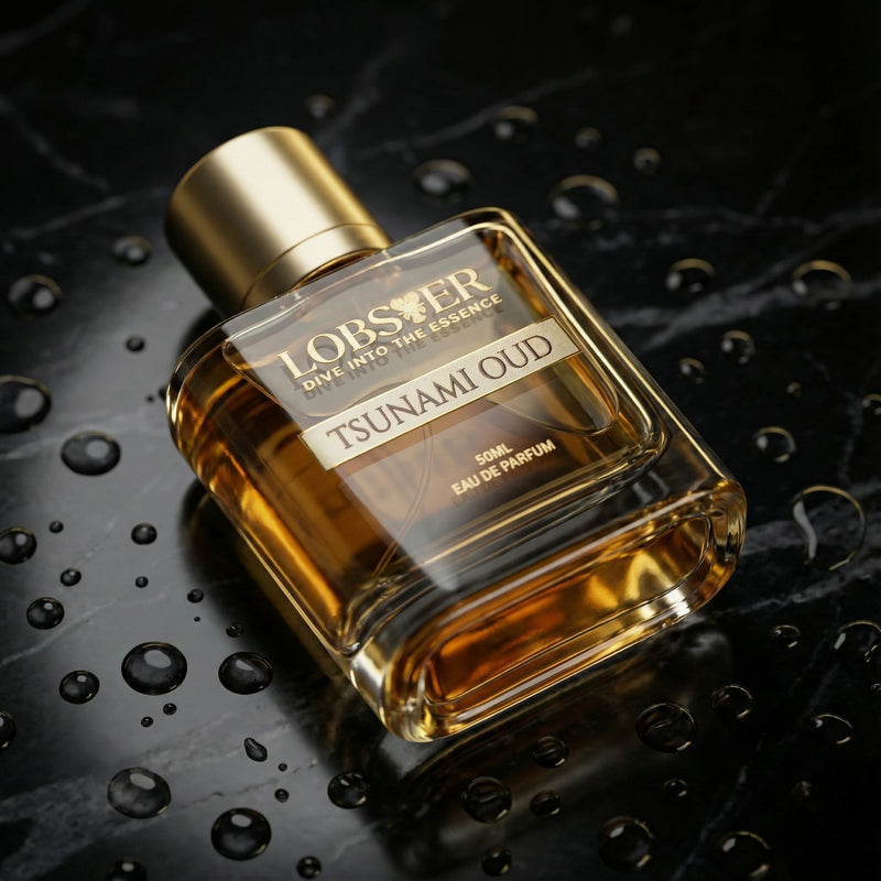 Perfume bottle labeled 'Lobster Tsunami Oud' on a dark surface with water droplets.