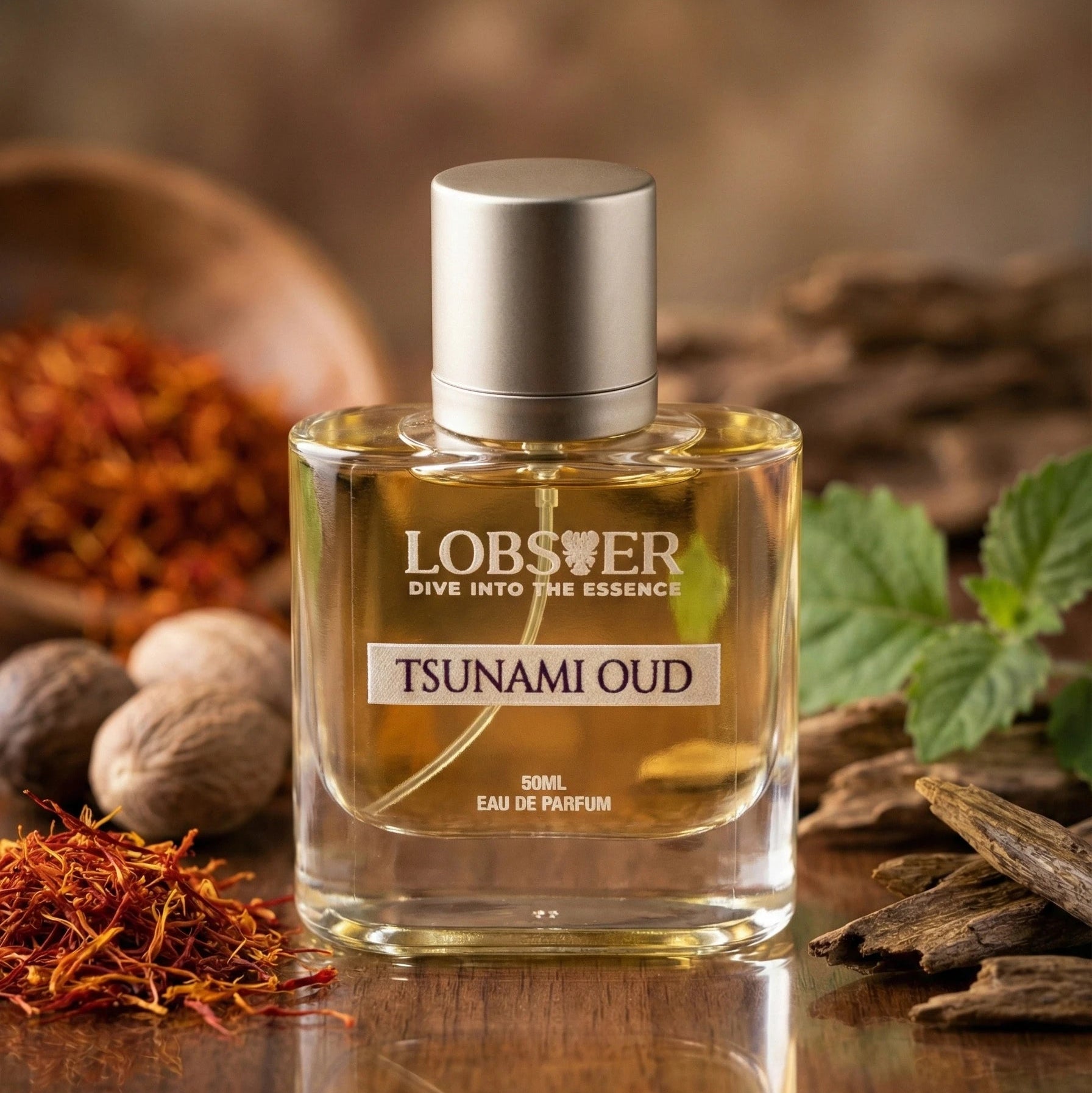 Lobster Tsunami Oud perfume bottle on a wooden surface with spices and leaves.