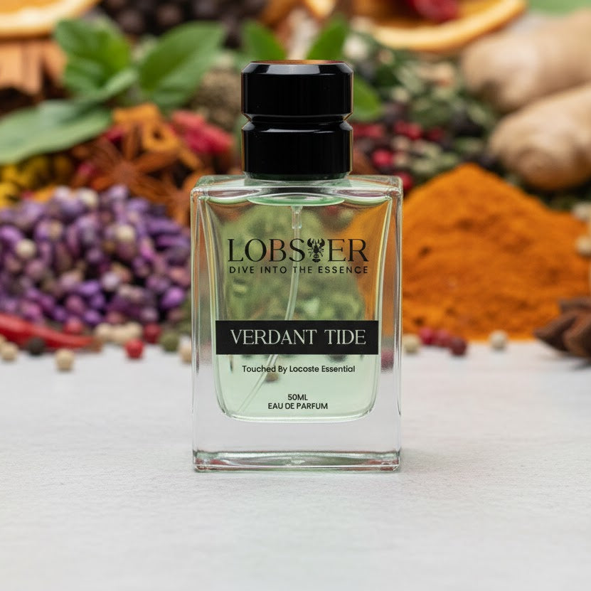 Lobster Verdant Tide perfume bottle with spices and herbs in the background
