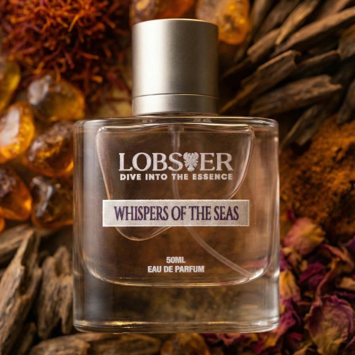 Perfume bottle labeled 'Whispers of the Seas' by Lobster on a natural background with amber stones and dried plants.